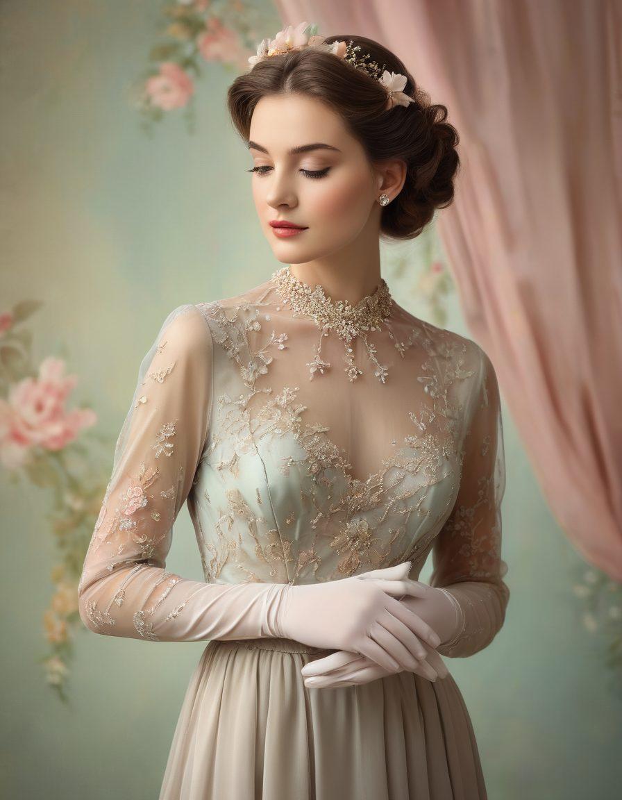 A stylish woman elegantly dressed in a flowing, timeless gown, surrounded by vintage fashion accessories like pearls and lace gloves. She confidently poses on a soft pastel backdrop, with delicate floral elements that evoke a sense of sophistication. The lighting enhances the ethereal feel, highlighting the details of her outfit and accessories. elegant, soft focus, pastel colors, vintage aesthetic, painted style.