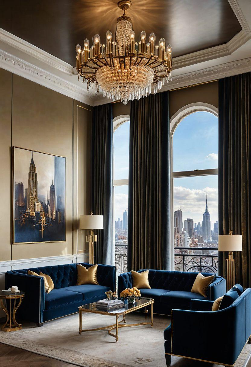 A lavish living room combining vintage elegance and modern sophistication, featuring a plush velvet sofa with intricate antique detailing, sleek metallic accents, a stylish coffee table with art deco flair, and a beautiful chandelier overhead. Soft ambient lighting enhances the luxurious atmosphere, while a large window reveals a breathtaking city skyline. Elegant art pieces adorn the walls, fusing the past and present. super-realistic. vibrant colors. warm lighting.