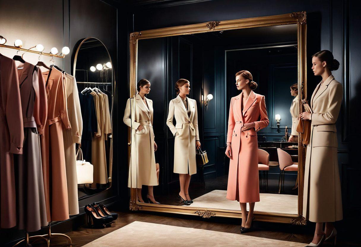 A stylish wardrobe display showcasing an array of classy and chic ladies attire, including elegant dresses, tailored blazers, and fashionable accessories. The scene features soft, ambient lighting highlighting the textures of the fabrics and a model gracefully trying on an outfit in front of a vintage mirror. Elegant shoes and handbags are artfully arranged in the background to enhance the chic aesthetic. Overall, the image captures a sense of sophistication and modernity. super-realistic. vibrant colors. soft-focus.